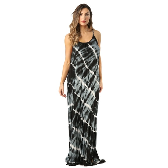 Riviera Sun Women's Tie Dye Maxi Dress – Boho Beach & Summer Spaghetti Strap Sundress (Black, Large)