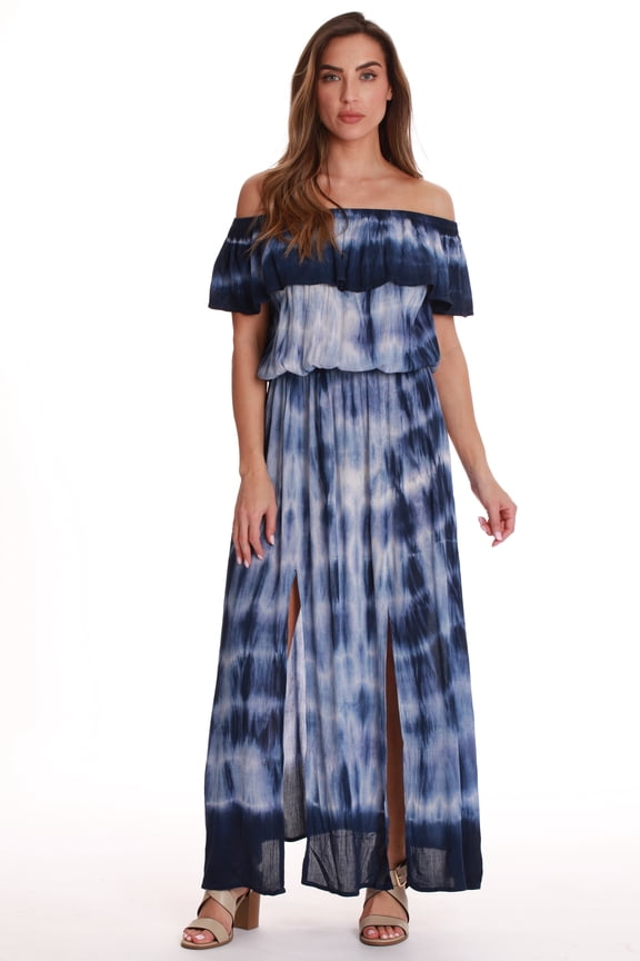 Tie Dye Off Shoulder Maxi Sundress (Small, Navy)