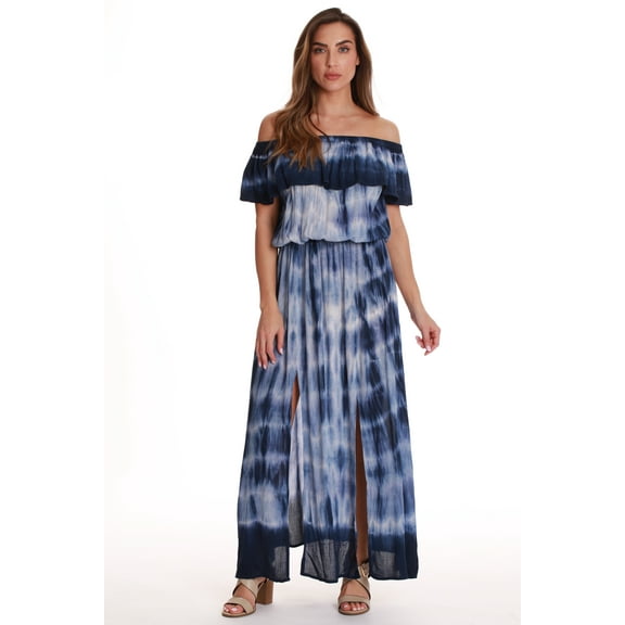 Riviera Sun Tie Dye Off Shoulder Maxi Sundress (Small, Navy)