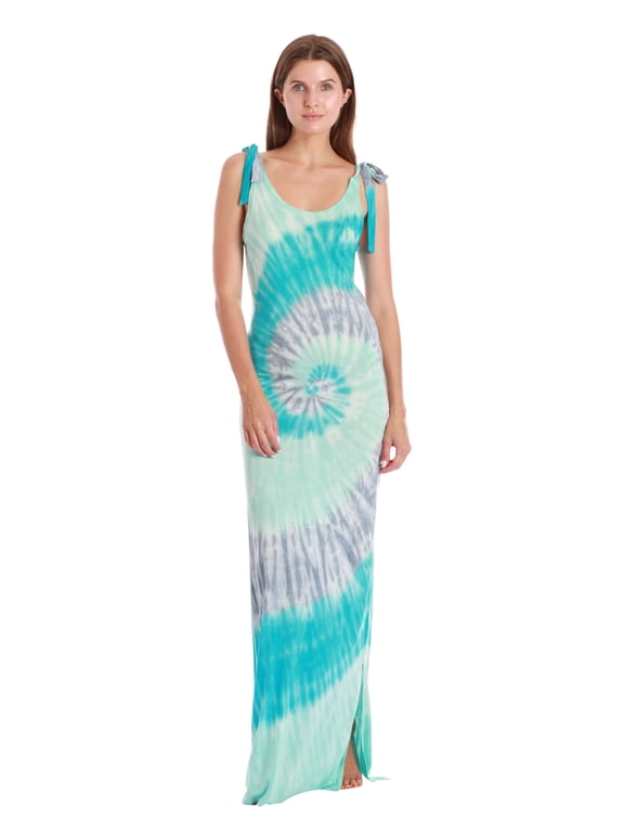 Tie Dye Spaghetti Strap Maxi Dress (Aqua Turquoise Grey Tie Dye, 3X)