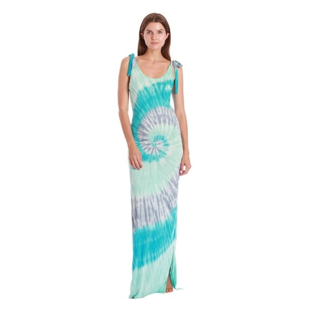 Riviera Sun Tie Dye Spaghetti Strap Maxi Dress (Aqua Turquoise Grey Tie Dye, Large)