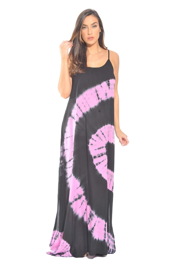 Tie Dye Spaghetti Strap Maxi Dress (Black / Pink, Small)