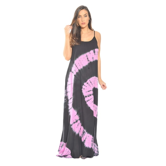 Riviera Sun Tie Dye Spaghetti Strap Maxi Dress (Black / Pink, Small)