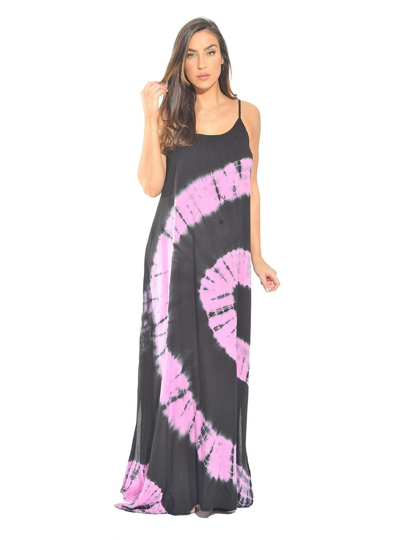 pink and black tie dye dress Pink Tie Dye Maxi Dress, Cross Back Bohob Dress, Hippie Mandala Dress