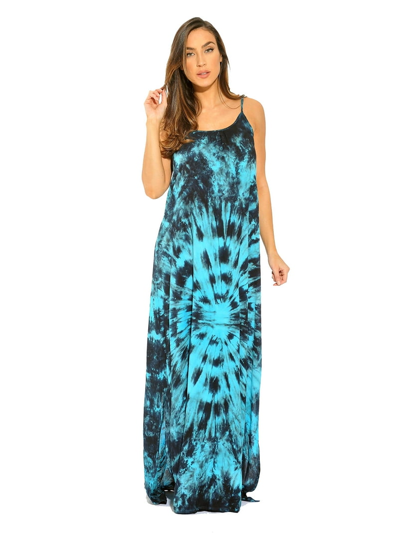 Riviera Sun Plus Size Summer Dress, Tie Dye Spaghetti Strap Maxi Dress ( Black / Turquoise, 1X) - Walmart.com