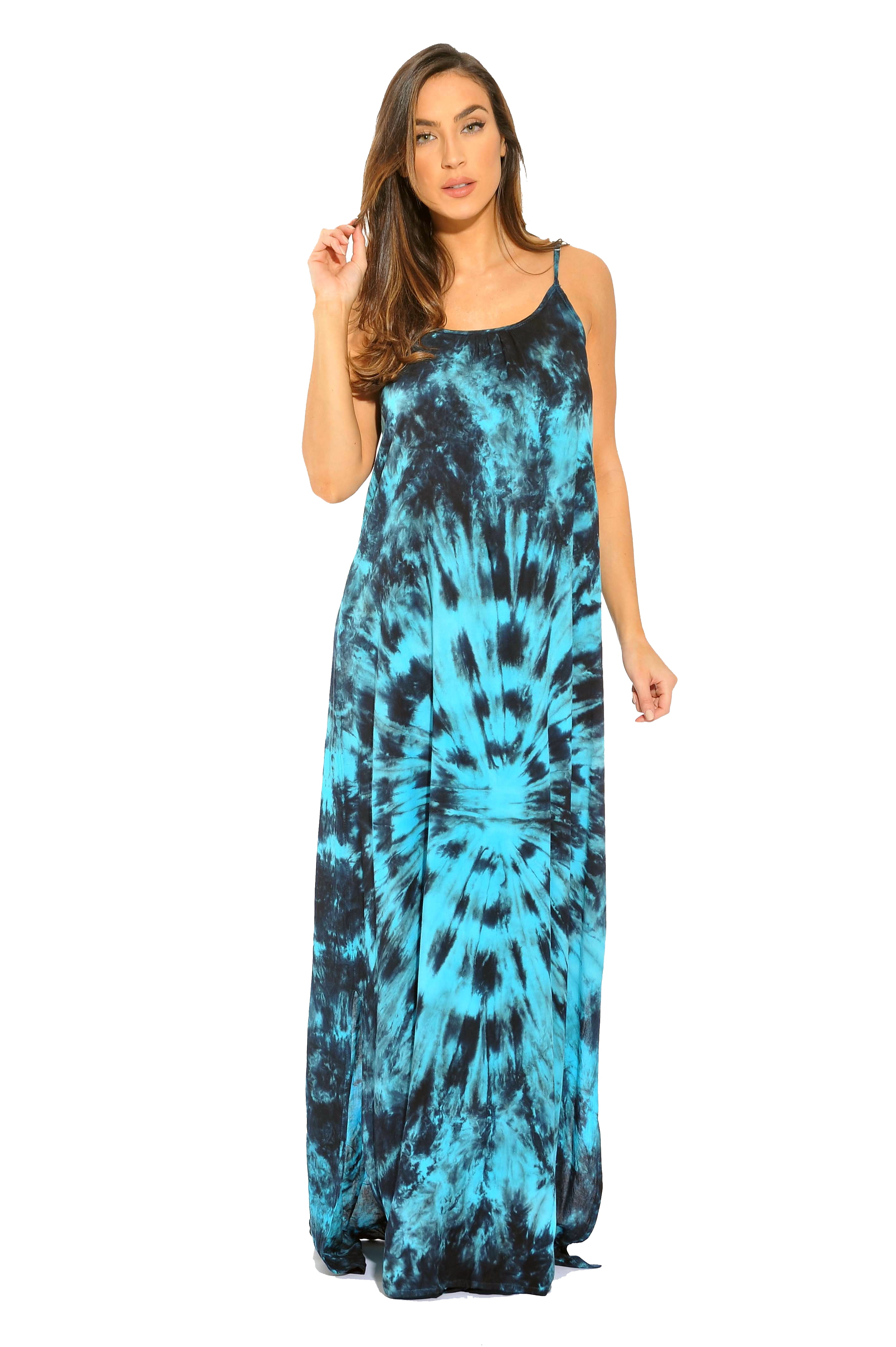 Riviera Sun Tie Dye Spaghetti Strap Maxi Dress - Flowy Rayon Cover-Up, Open Back, Sizes S-3X, Black