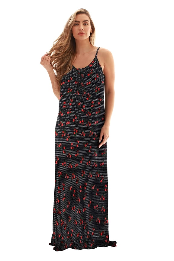 Tie Dye Spaghetti Strap Maxi Dress (Floral Black Dress with Red Flowers, Medium)