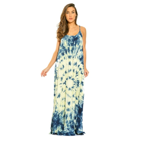 Riviera Sun Women's Tie Dye Maxi Dress – Boho Beach & Summer Spaghetti Strap Sundress (Navy / Cream, 3X)