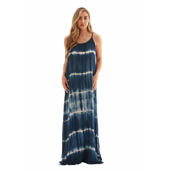 Riviera Sun Tie Dye Spaghetti Strap Maxi Dress (Navy Dress with White Horizontal Lines, 3X)