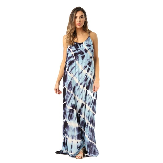 Riviera Sun Tie Dye Spaghetti Strap Maxi Dress (Navy, Large)