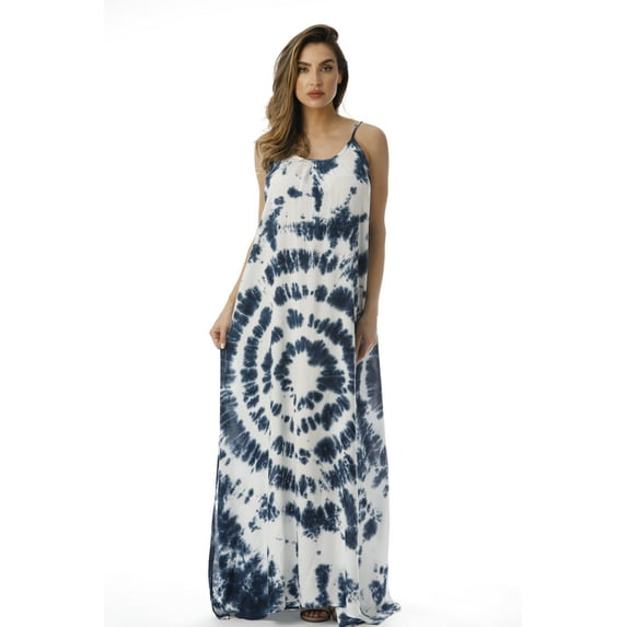 Riviera Sun Women's Tie Dye Maxi Dress – Boho Beach & Summer Spaghetti Strap Sundress (Navy White, 1X)