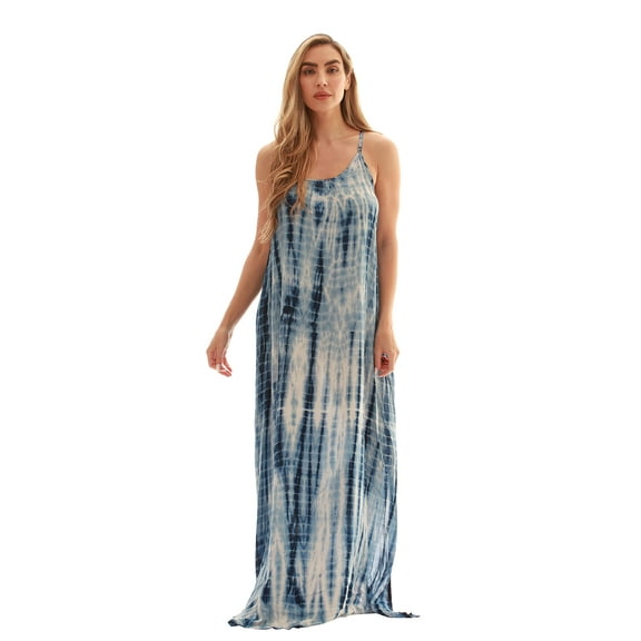 Riviera Sun Tie Dye Spaghetti Strap Maxi Dress (Navy and White Tie Dye Dress Blue Dot, Medium)