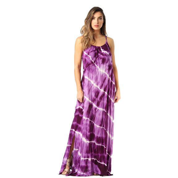 Riviera Sun Women's Tie Dye Maxi Dress – Boho Beach & Summer Spaghetti Strap Sundress (Purple, Large)