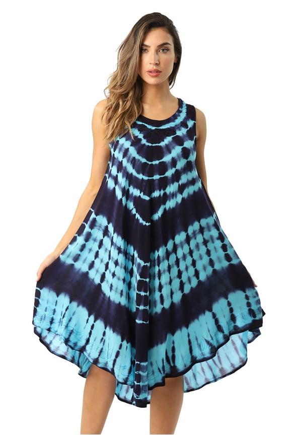 Tie Dye Summer Dress - Beach Cover Up (Turquoise / Navy, 3X)