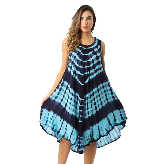 Riviera Sun Tie Dye Summer Dress - Beach Cover Up (Turquoise / Navy, Large)