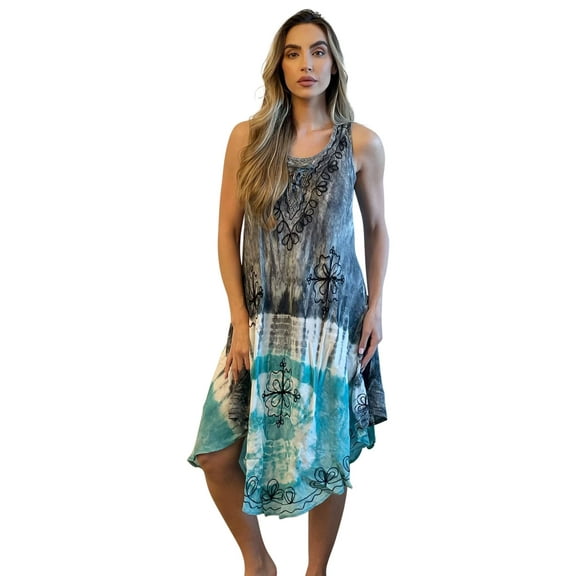 Riviera Sun Tie Dye Summer Dress - Beach Cover Up (Turquoise Umbrella Dress, Small)