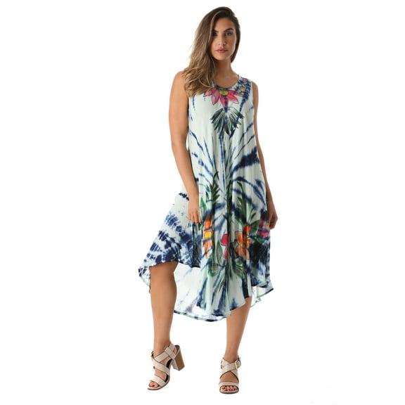 Riviera Sun Tie Dye Summer Dress with Floral Hand Painted Design (Seafoam / Royal, 1X)