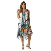 Riviera Sun Tie Dye Summer Dress with Floral Hand Painted Design (White / Black, X-large)