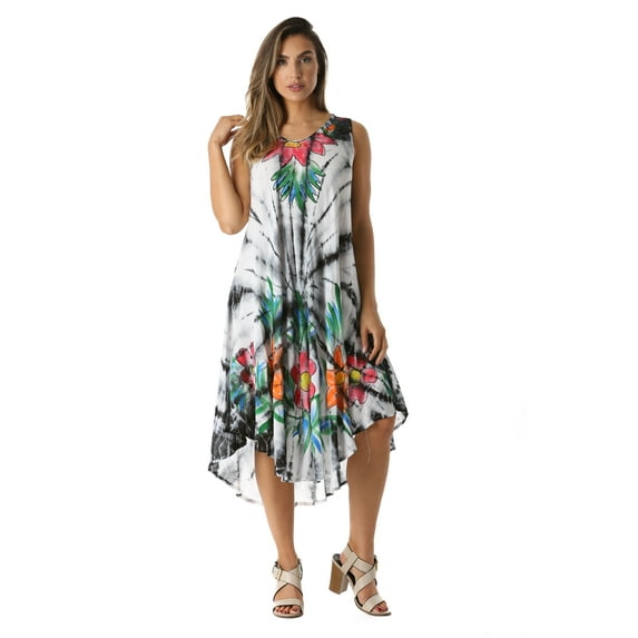 Riviera Sun Tie Dye Summer Dress with Floral Hand Painted Design (White / Black, X-large)