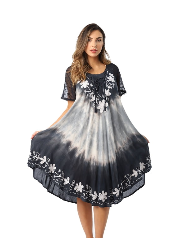 Tie Dye Summer Dress with Raglan Eyelet Sleeve & Embroidery (Charcoal / Grey, 2X Plus)