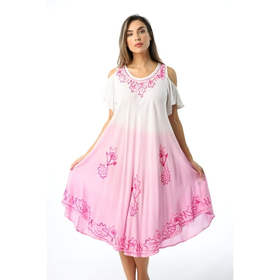 Riviera Sun Womens Cold Shoulder Ombre Tie-Dye Sundress Lightweight Casual Beach Dress & Swimsuit Cover-Up (Pink / White, Large)