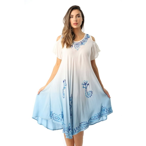 Riviera Sun Womens Cold Shoulder Ombre Tie-Dye Sundress  Lightweight Casual Beach Dress & Swimsuit Cover-Up (Sky Blue / White, Medium)