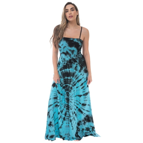 Riviera Sun Women's Rasta Maxi Summer Dress - Long Sundress with Adjustable Removable Straps (Black Turquoise Splatter, Medium)