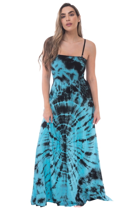 Women's Rasta Maxi Summer Dress - Long Sundress with Adjustable Removable Straps (Black Turquoise Splatter, Medium)
