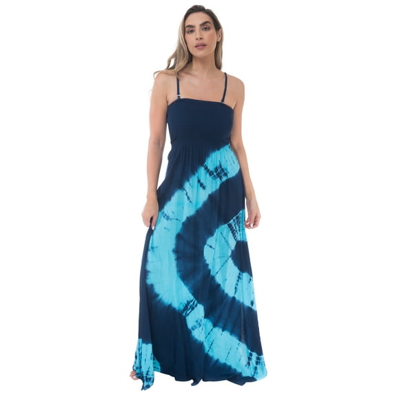 Riviera Sun Women's Rasta Maxi Summer Dress - Long Sundress with Adjustable Removable Straps (Navy Turquoise Swirl, Large)