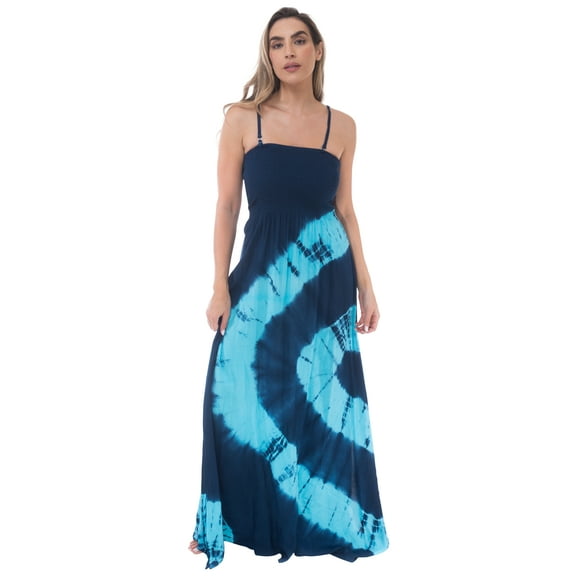 Riviera Sun Women's Rasta Maxi Summer Dress - Long Sundress with Adjustable Removable Straps (Navy Turquoise Swirl, Medium)