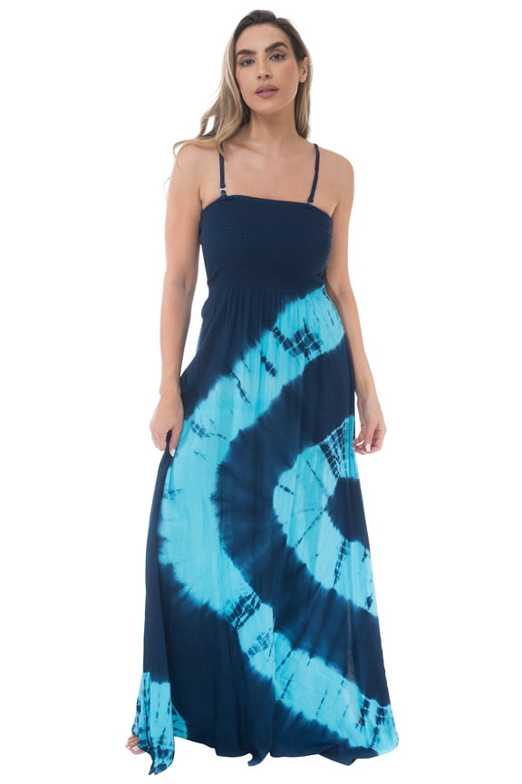 Women's Rasta Maxi Summer Dress - Long Sundress with Adjustable Removable Straps (Navy Turquoise Swirl, Medium)