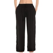 RIVIERA SUN Women's Rayon Palazzo Pants – Lightweight Wide Leg Beach Lounge Pants with Pockets – Boho Summer Travel Pants (Solid Black With Crochet Lace, X-Small)