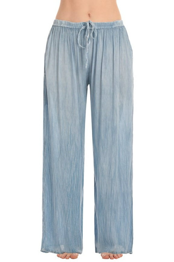 Women's Rayon Palazzo Pants – Lightweight Wide Leg Beach Lounge Pants with Pockets – Boho Summer Travel Pants (Medium Denim, 3X)