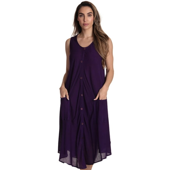 Riviera Sun Women's Sleeveless Umbrella Dresses - Stylish and Breezy Summer Fashion (Purple With Buttons, Large)