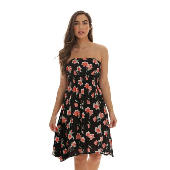 Riviera Sun Women's Strapless Tube Short Summer Dress - Casual and Comfortable Beach Dresses (Black - Floral 1, Medium)