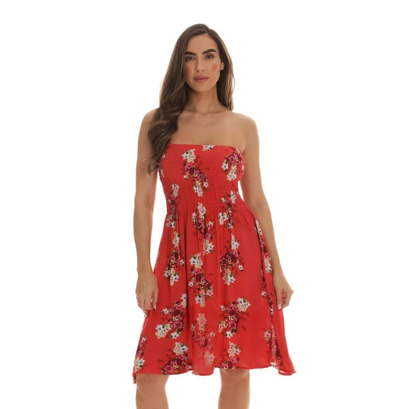 Riviera Sun Women's Strapless Tube Short Summer Dress - Casual and Comfortable Beach Dresses (Coral - Floral 2, Large)