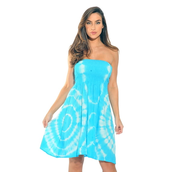Riviera Sun Women's Strapless Tube Short Summer Dress - Casual and Comfortable Beach Dresses (Turquoise / White, Medium)