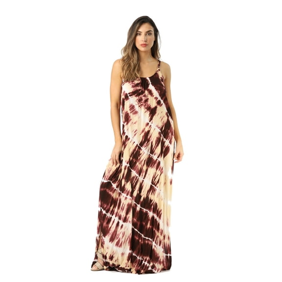 Riviera Sun Women's Tie Dye Maxi Dress – Boho Beach & Summer Spaghetti Strap Sundress (Chocolate, Small)