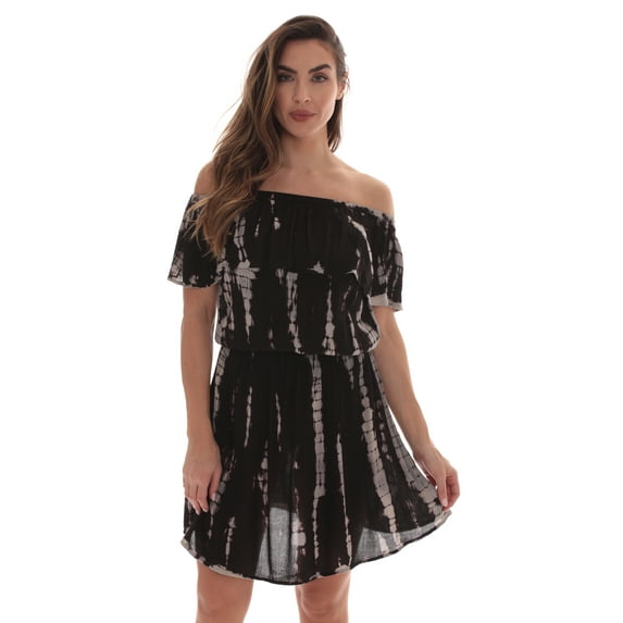 Riviera Sun Women's Tie Dye Off-Shoulder Cover-Up Dress for Swimwear (Black, 2X)