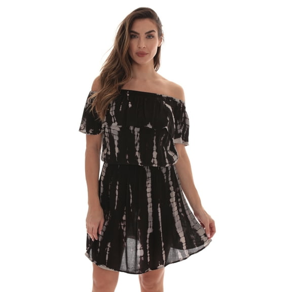 Riviera Sun Women's Tie Dye Off-Shoulder Cover-Up Dress for Swimwear (Black, 3X)