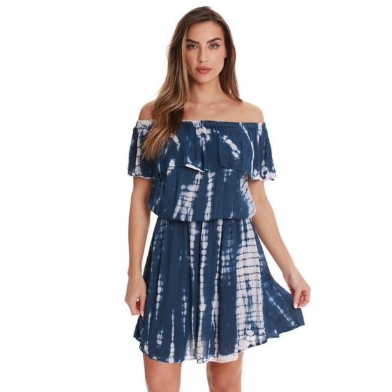 Riviera Sun Women's Tie Dye Off-Shoulder Cover-Up Dress for Swimwear (Navy, 3X)