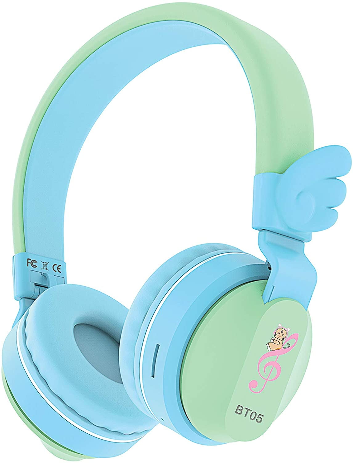 Riwbox BT05 Bluetooth Kids Headphones Wireless Foldable Headset Over Ear with Volume Limited and Mic/TF Card Compatible for iPad/iPhone/Tablet(Blue&Green)