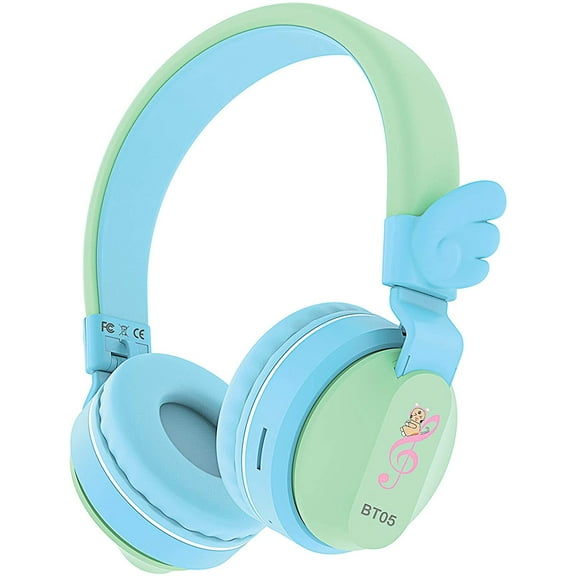 Riwbox BT05 Bluetooth Kids Headphones Wireless Foldable Headset Over Ear with Volume Limited and Mic/TF Card Compatible for iPad/iPhone/Tablet(Blue&Green)
