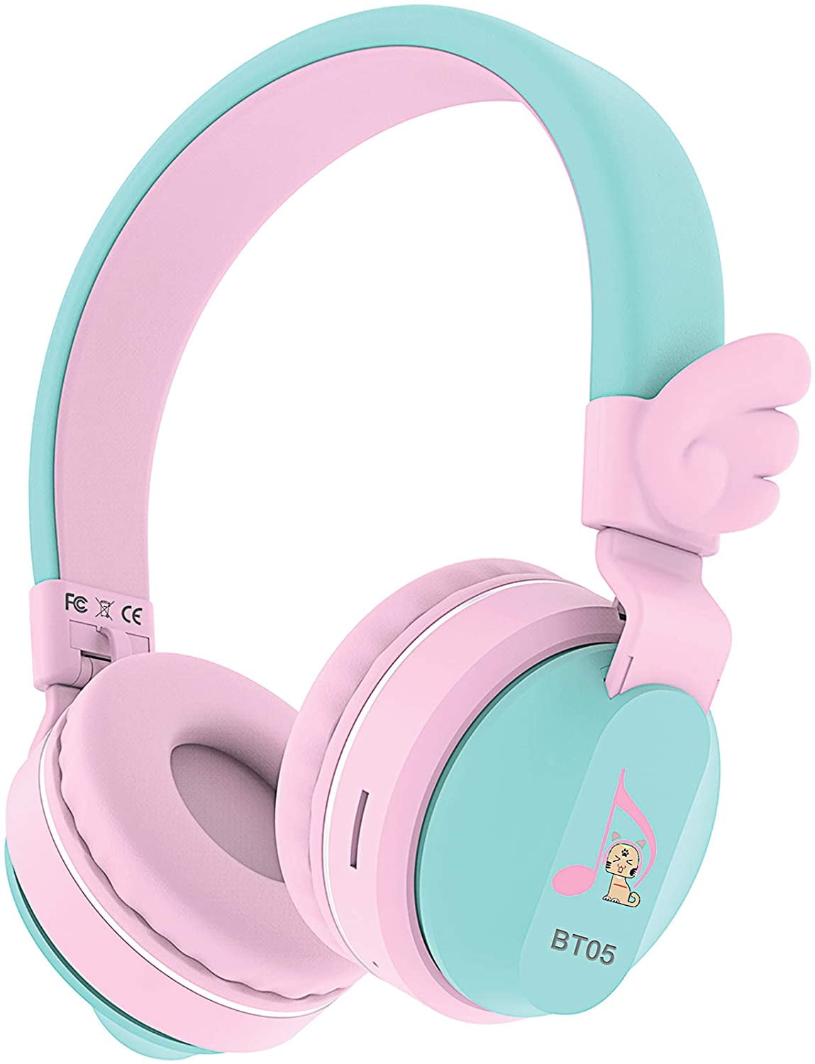 Riwbox BT05 Bluetooth Kids Headphones Wireless Foldable Headset Over Ear with Volume Limited and Mic/TF Card Compatible for iPad/iPhone/Tablet (Pink&Green)