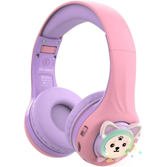 Riwbox Baosilon CB-7S Cat Kids Headphones Wireless/Wired with Mic, Light Up Bluetooth Headphones Over Ear Volume Limited Safe 75/85/95dB with TF-Card, Children Headphones for School(Purple&Pink)