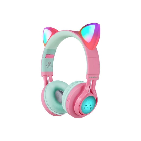 Riwbox Bluetooth Headphones, Riwbox CT-7 Cat Ear LED Light Up Wireless Foldable Headphones Over Ear with Microphone and Volume Control for iPhone/iPad/Smartphones/Laptop/PC/TV (Pink&Green)