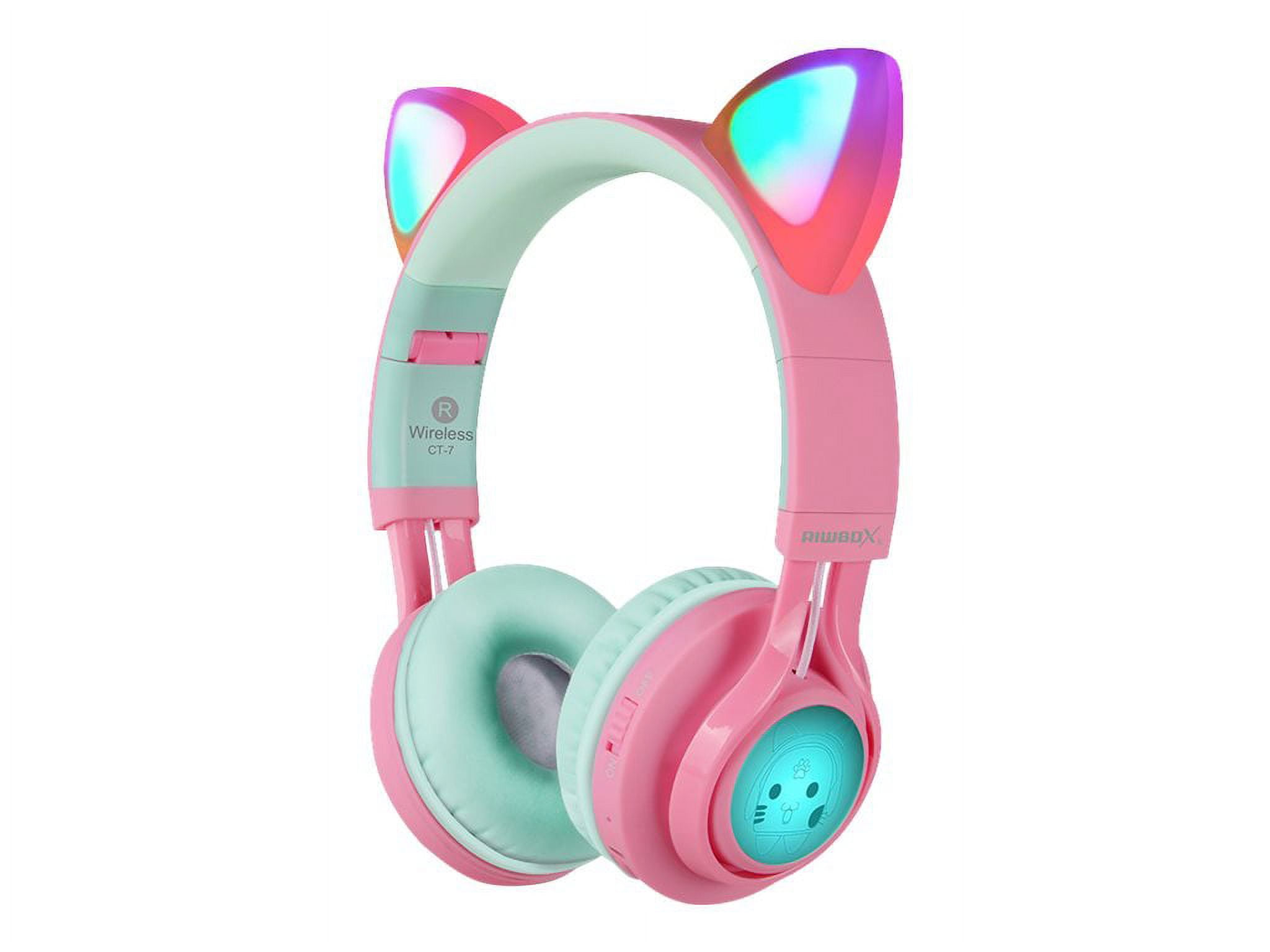 Riwbox Bluetooth Headphones, Riwbox CT-7 Cat Ear LED Light Up Wireless Foldable Headphones Over Ear with Microphone and Volume Control for iPhone/iPad/Smartphones/Laptop/PC/TV (Pink&Green)