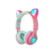 Riwbox Bluetooth Headphones, Riwbox CT-7 Cat Ear LED Light Up Wireless Foldable Headphones Over Ear with Microphone and Volume Control for iPhone/iPad/Smartphones/Laptop/PC/TV Pink&Green