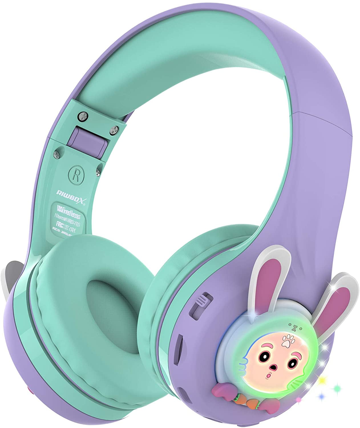 Riwbox RB-7S Rabbit Kids Headphones Wireless, LED Light Up Bluetooth Over Ear Headset Volume Limited Safe 75dB/85dB/95dB with Mic and TF-Card, Children Headphones for Girls Boys (Purple&Green)
