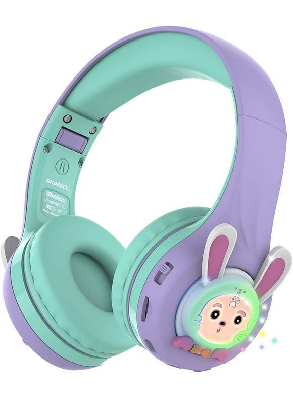 Riwbox RB-7S Rabbit Kids Headphones Wireless, LED Light Up Bluetooth Over Ear Headset Volume Limited Safe 75dB/85dB/95dB with Mic and TF-Card, Children Headphones for Girls Boys (Purple&Green)